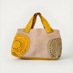 RADLEY STUNNING WOVEN CONTRAST YELLOW LEATHER GREEN STITCH TRIM TOP HANDLE TOTE